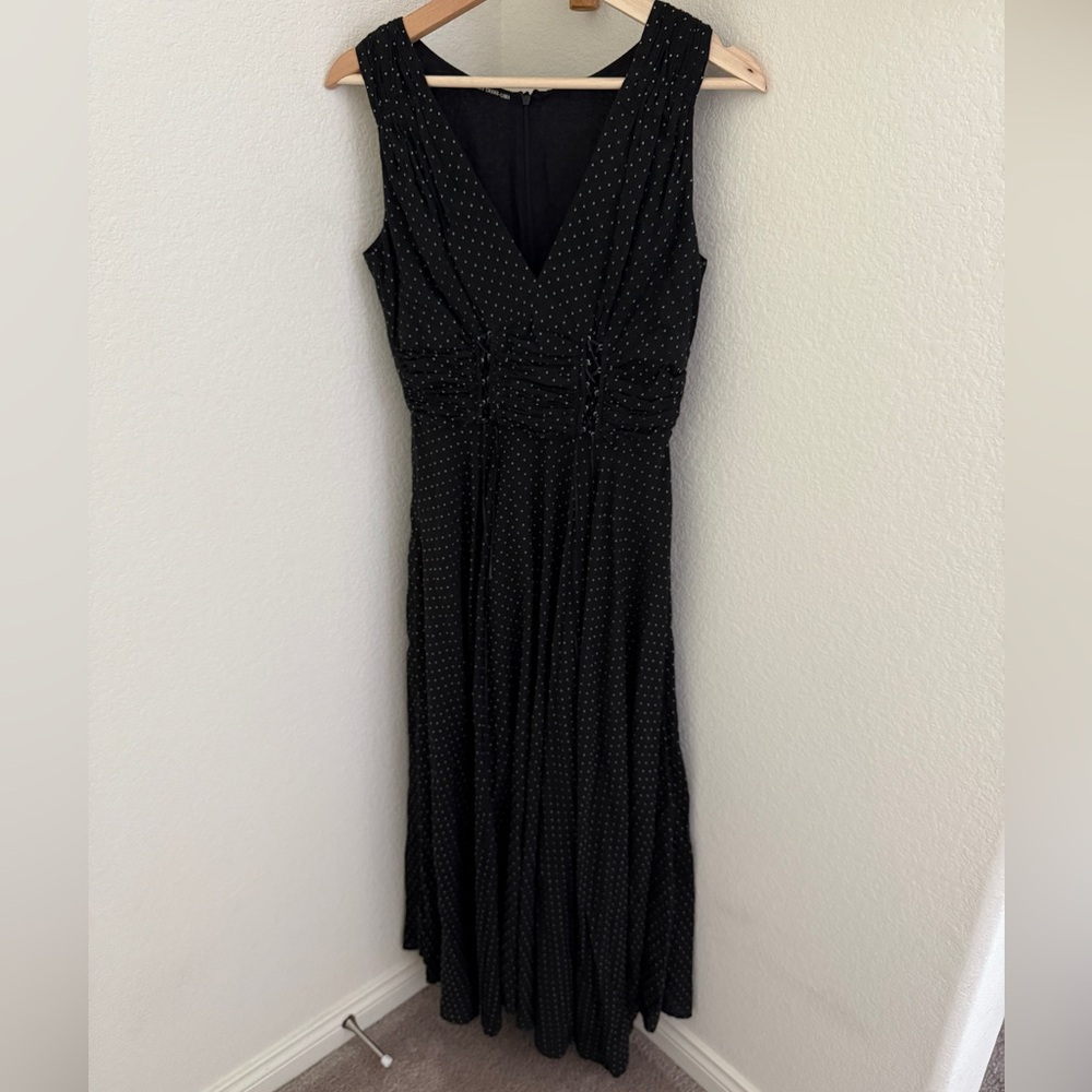 Charles Chang Lima black Polka dot maxi dress v-neck corset waist size 4 retro